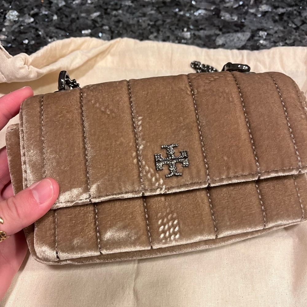 Tory Burch Beige Quilted Kira Velvet Crossbody Bag